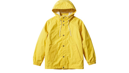 Yellow hooded rain jacket with snap buttons and drawstring, isolated on transparent background © Nolan