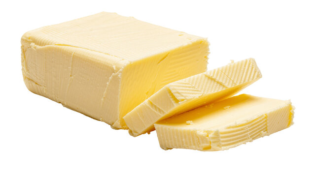 Yellow butter block with sliced pieces, isolated on transparent background