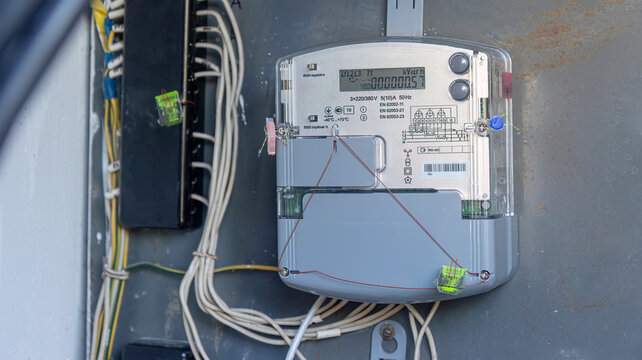Three Phase Digital Electricity Meter with Wires in Electric Box