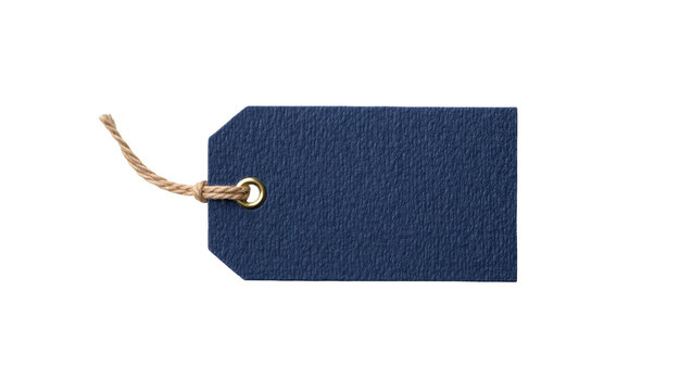 Dark blue textured paper gift tag with twine string, isolated on transparent background