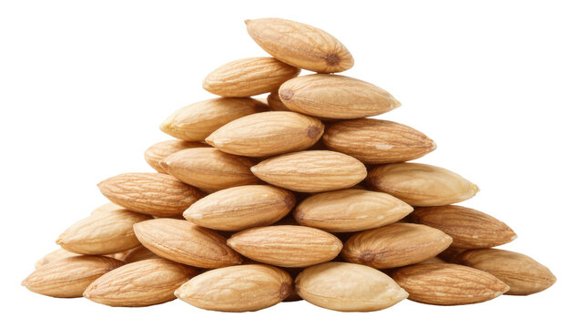 Pile of raw almonds healthy snack, isolated on transparent background
