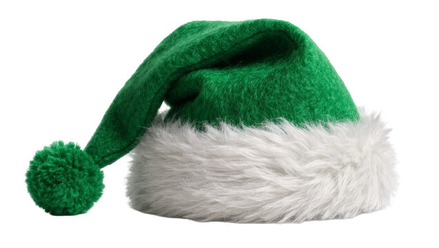 Green elf hat with white fur trim and pompom, isolated on transparent background