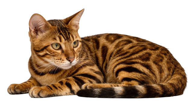 Bengal cat with distinctive spotted coat, resting peacefully isolated on transparent background