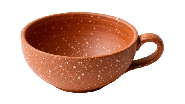 Terracotta speckled soup bowl with handle, isolated on transparent background