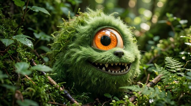 One-eyed green furry monster hiding in a lush forest