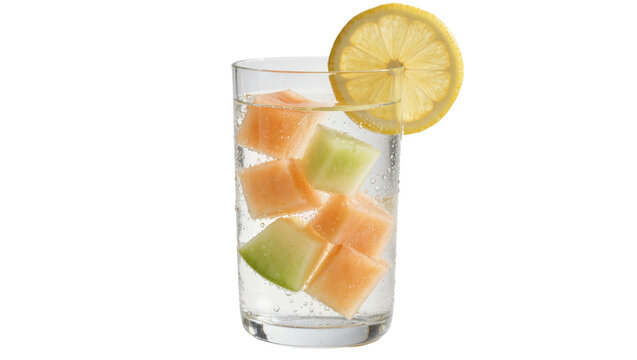 Tall glass of sparkling water with cantaloupe and honeydew melon cubes, isolated on transparent background
