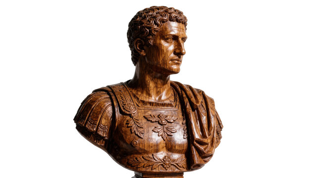 Detailed wooden bust of a Roman emperor in armor, isolated on transparent background