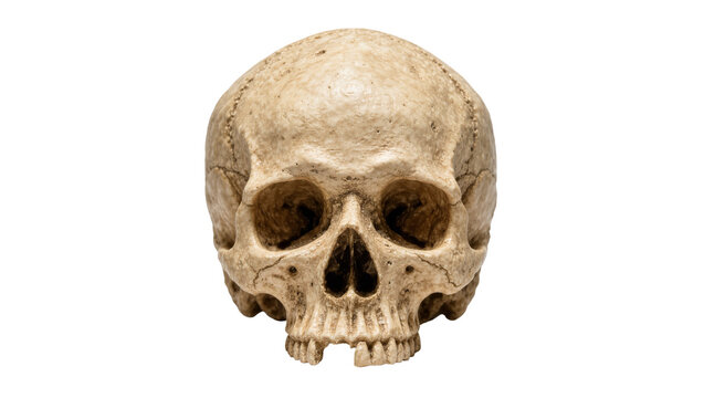Human skull with detailed bone texture, isolated on transparent background