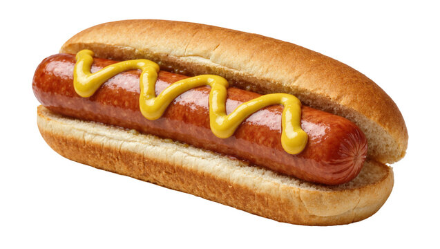 Juicy grilled sausage in a soft bun with yellow mustard, isolated on transparent background