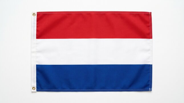 A high quality fabric flag of the netherlands featuring horizontal red white and blue stripes isolated against a clean plain white background