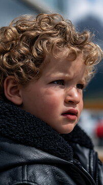Astonished Child Gazing in Wonder at Majestic Mountain View During Golden Hour