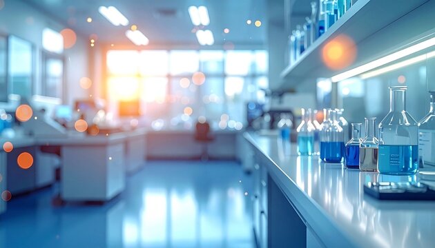 Out of focus interior view of a modern sterile laboratory workspace with soft glowing bokeh light effects laboratory blur interior workplace abstract light bokeh clean modern background science