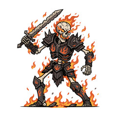Obraz premium Knight Warrior with Sword in Armor, Cartoon Vector Illustration of a Medieval Fighter with Skull and Halloween Inspired Design