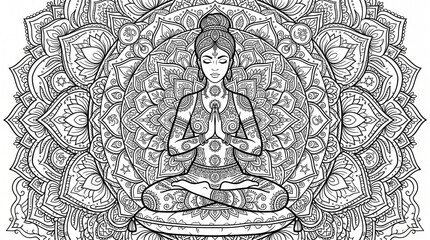 Obraz premium Yoga Mandala Coloring Book Page Vector Line Art