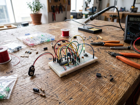 Electronic breadboard circuit powered by nine volt battery on rustic wooden workbench.