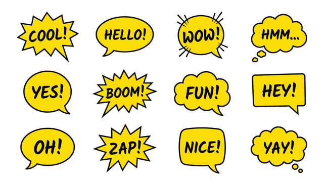 Comic book speech bubbles with various expressions and text.