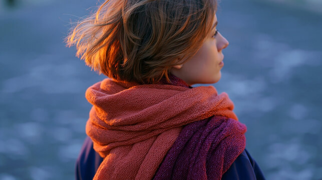 Side profile of woman with short brown hair and layered rust scarf, warm evening light highlighting her face and fabric outdoors in a blurred setting