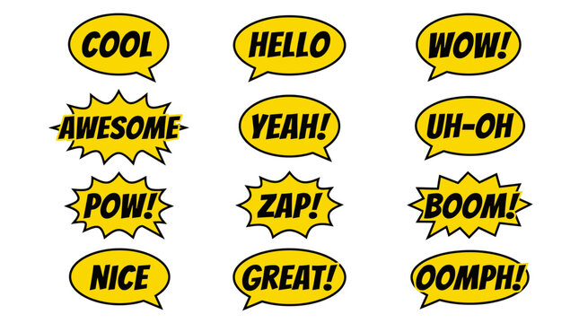 Multiple yellow comic word bubbles with action expressions.