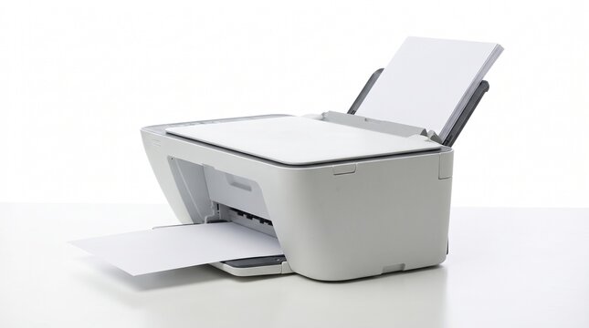 A modern white inkjet printer sits on a clean white surface with a sheet of paper being printed and ready for office
