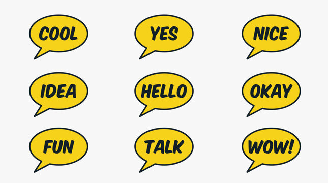 Oval yellow comic speech bubbles with simple messages.