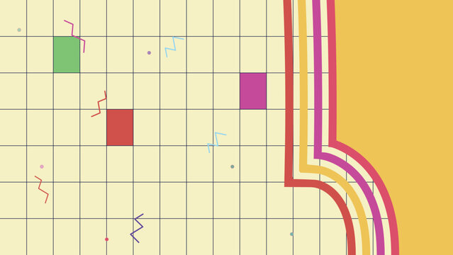 An abstract illustration features colored geometric shapes, zigzag lines, and curved rainbow stripes on a grid background