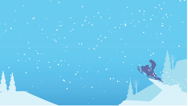 A rider on a snowmobile launches off a snow ramp amid falling snow and pine trees