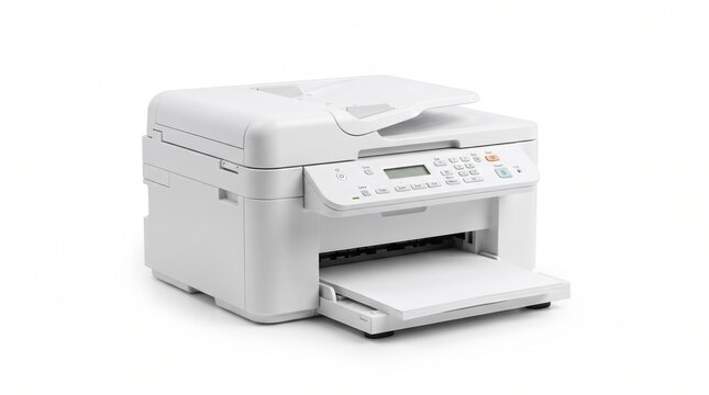 A modern white multifunction laser printer isolated on a white background for office use and professional document management in a business environment