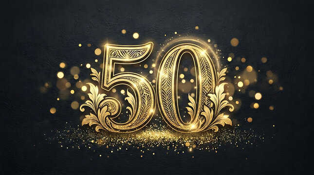 Elegant golden number 50 with ornate floral design set against a dark textured background with sparkling bokeh lights featuring a luxurious and celebratory aesthetic with shimmering highlights