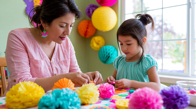 Mexican mother and young daughter creating colorful D&iacute;a de los Muertos paper decorations at a dining table
