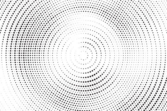 Abstract black and white halftone dots form flowing circular waves, creating a modern optical illusion with depth, motion and clean space for creative graphic design.