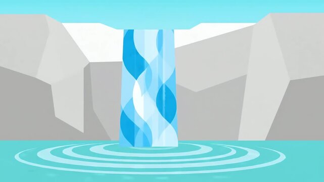 Minimalist Flat Vector Illustration of a Stylized Blue Waterfall Flowing Between Grey Geometric Cliffs into a Rippling Turquoise Lake