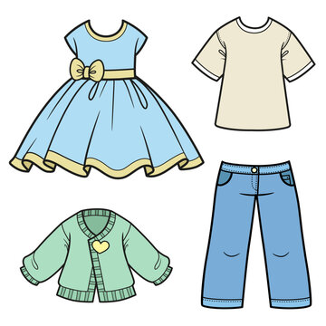 Dress with fluffy skirt, jeans, T-shirt and jacket on a white background