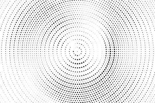 Abstract black and white halftone dots form flowing circular waves, creating a modern optical illusion with depth, motion and clean space for creative graphic design.