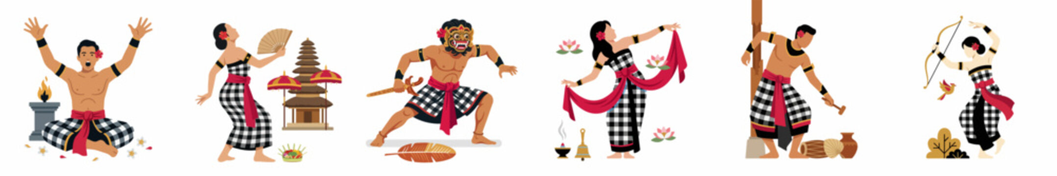 Set of traditional Balinese culture illustrations including various dancers, musicians, and symbols of Bali, Indonesia.
