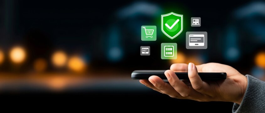 Mobile phone hand digital security shield check mark online payment shopping cart cybersecurity ecommerce technology, secure online payment concept with glowing icons over smartphone hand dark
