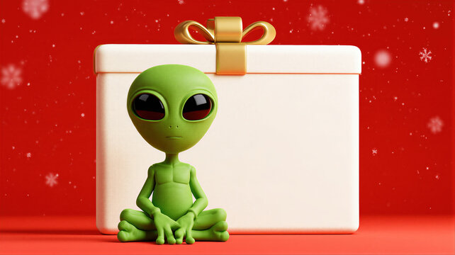 Green alien sitting cross-legged beside white gift box with gold ribbon. Marketing teams and holiday retailers use for festive promotion designs.