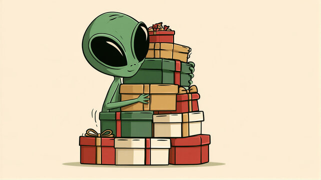 Green alien carrying tall stack of colorful wrapped gift boxes on beige background.