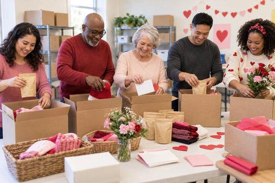 Community Spirit in Action: A diverse group of dedicated volunteers works together to pack care packages and gift boxes for a heartwarming holiday charity event.