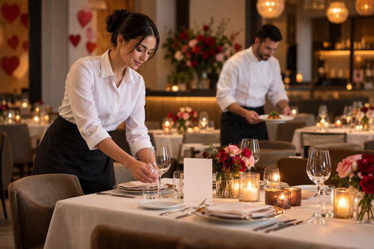 Elegant Dining Preparation: Two attentive staff members meticulously set a table in a romantically adorned restaurant, preparing for a special occasion with candlelight and floral arrangements.