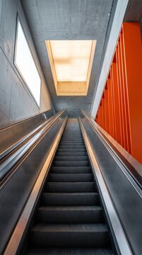 Modern escalator viewed upward inside contemporary building