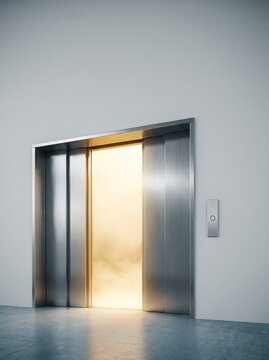 Open stainless steel elevator doors with illuminated interior