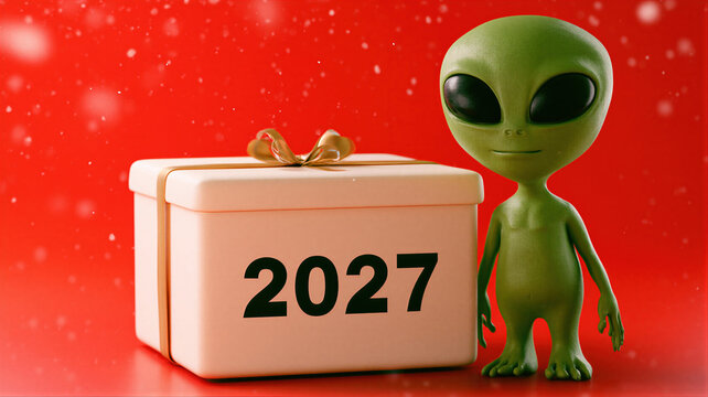 Green alien character standing next to gift box labeled 2027 with gold ribbon on red background.