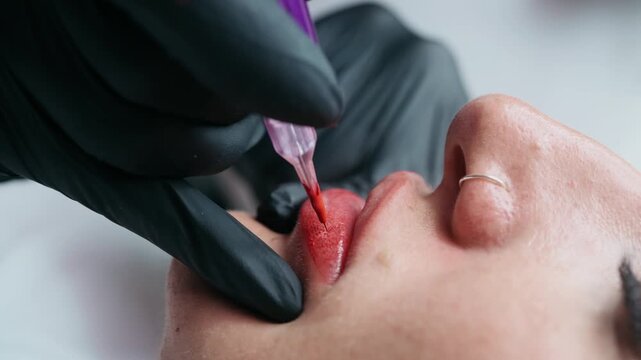 Extreme close up of a permanent makeup artist performing a lip blush tattoo procedure with a PMU machine in a professional beauty salon.