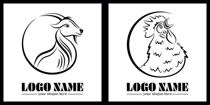 Silhouette au contour filaire noir d&rsquo;une ch&egrave;vre et d&rsquo;un coq de profil stylis&eacute; en rond afin d&rsquo;&ecirc;tre utilis&eacute; en logo - 2 animaux faisant partie de la collection des 12 signes du nouvel an chinois.