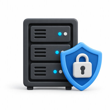 Data Center Security Concept with Server Rack, Shield and Padlock