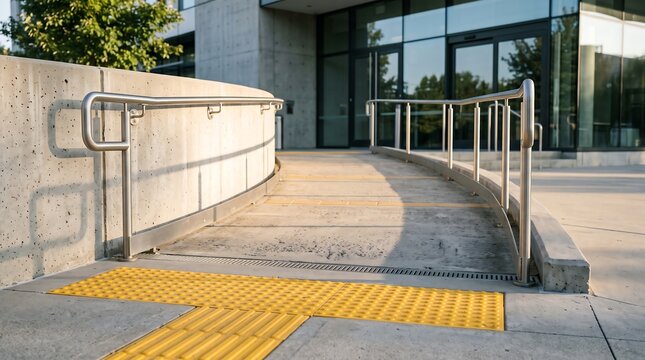 Modern building entrance featuring a concrete accessibility ramp with durable metal handrails and yellow tactile paving for safe, universal access