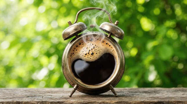 Coffee inside vintage alarm clock on wooden surface.