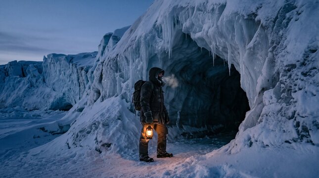 Explorer discovering a massive ice cave entrance believed by legend to lead inward