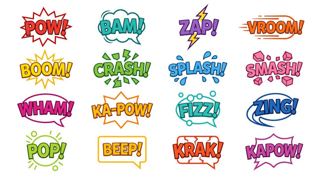 Colorful outline comic book sound effects and stickers.