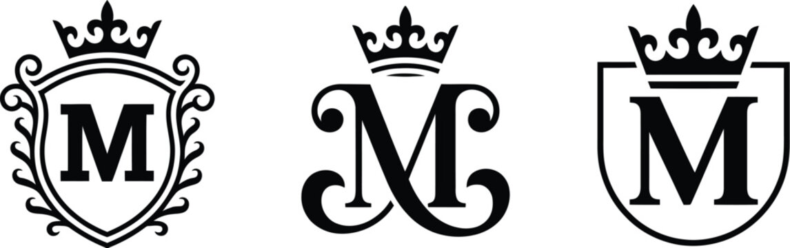 Three black and white vector monograms with ornate crowns, letter M initials, decorative flourishes, luxury branding emblems, royal logos, and elegant design.